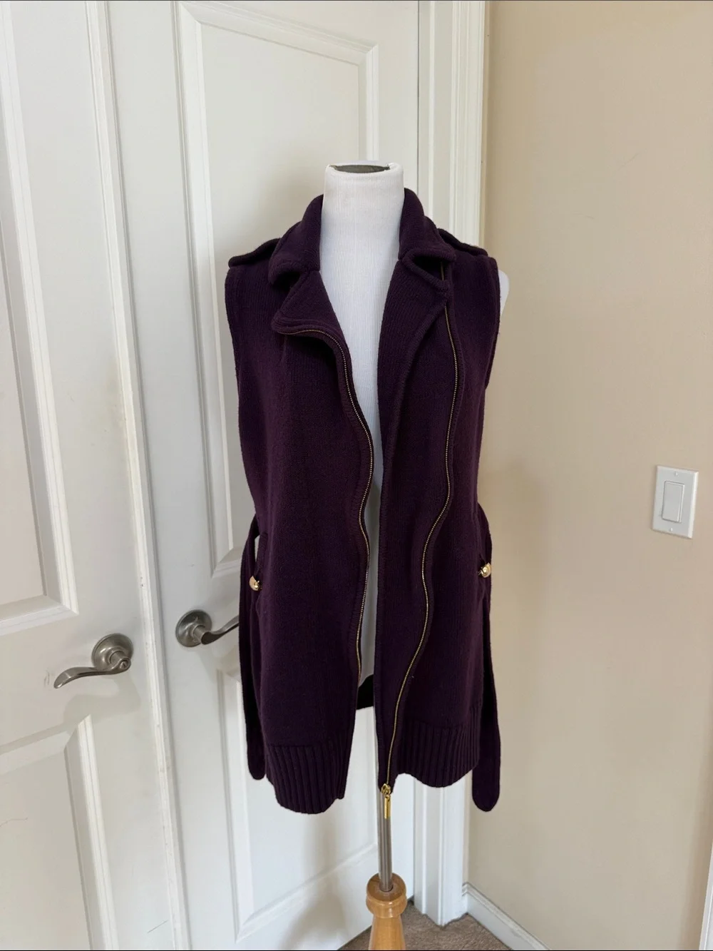 Tory Burch Purple Belted Zip Front 100% Merino Wool Sweater Vest Cardigan Large